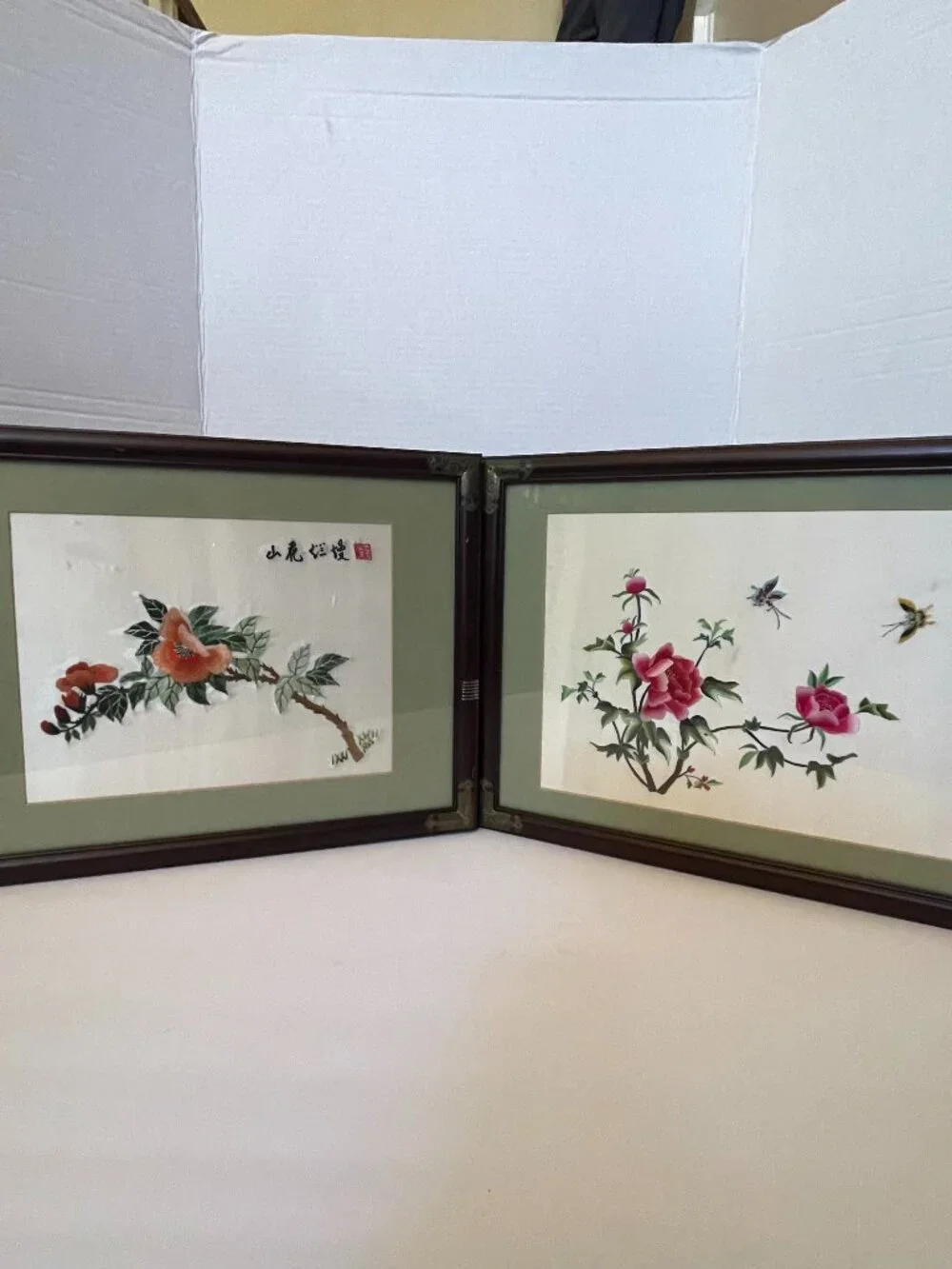 VTG Asian Wall Art Silk Embroidered Pink Flowers & Butterflies 3.5